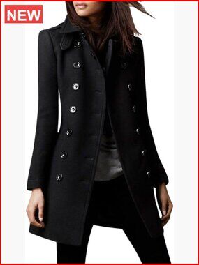 Double Breasted Wool Blend Pea Coat with Turn Down Collar